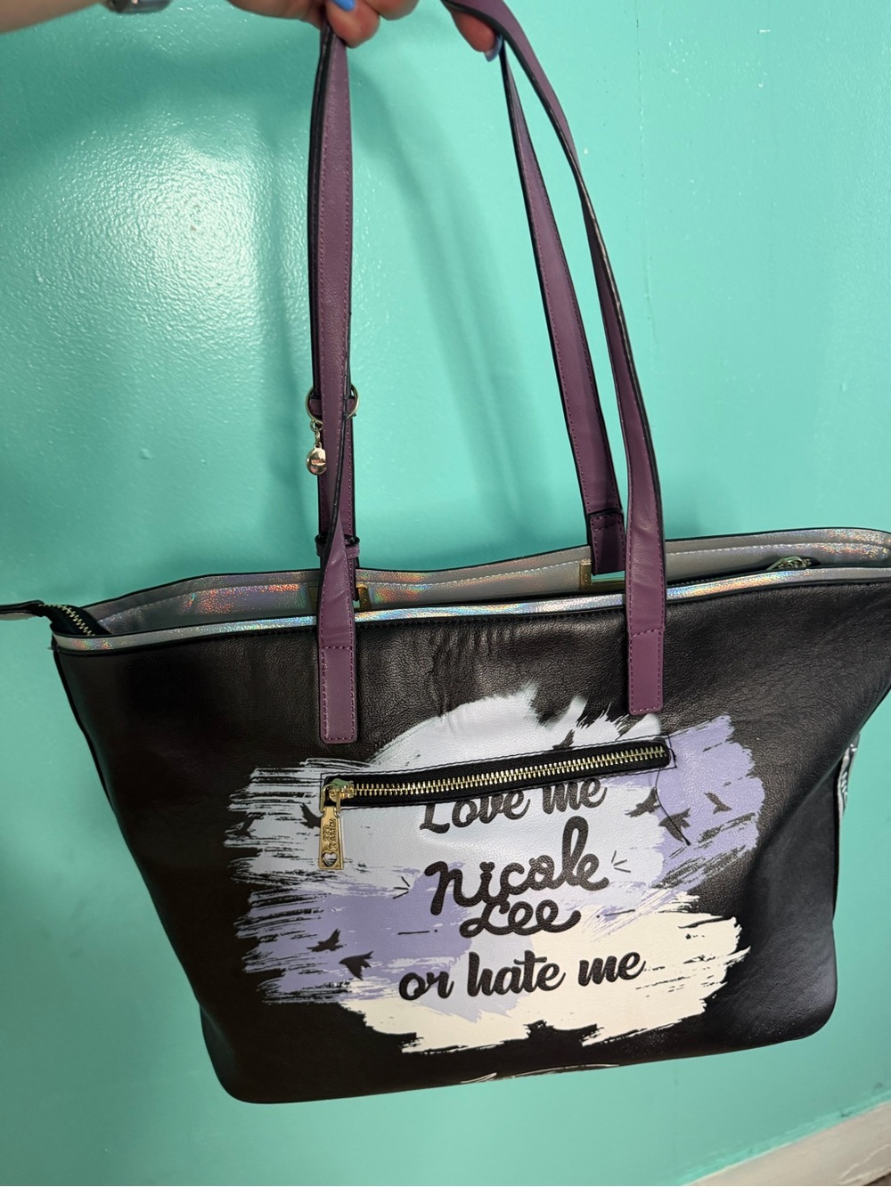 Nicole Lee Black Tote with Purple Straps and Painted Front